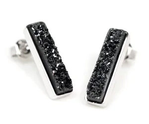 Thin Rectangle Black Druzy Stud Earrings