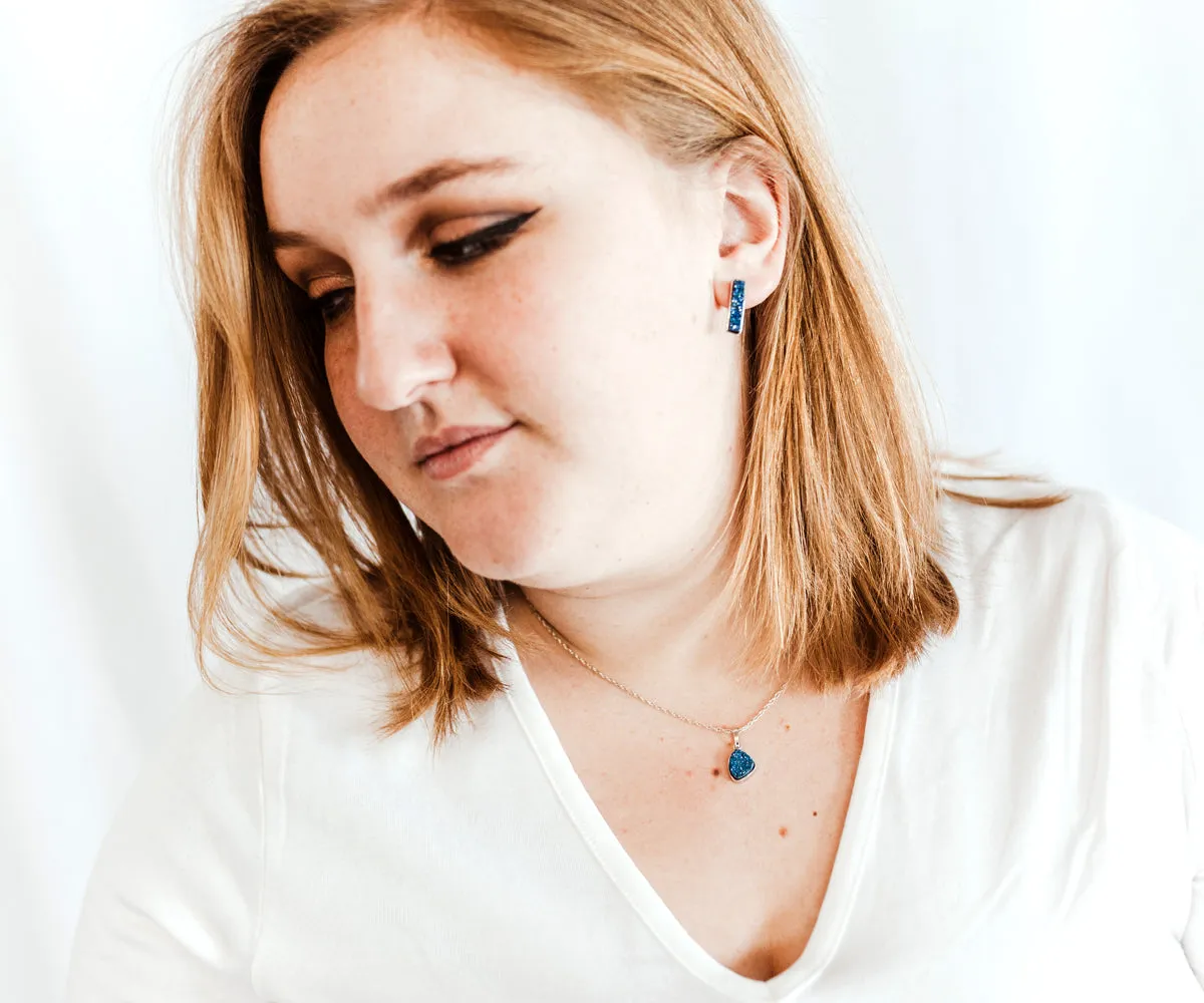 Thin Rectangle Blue Druzy Stud Earrings