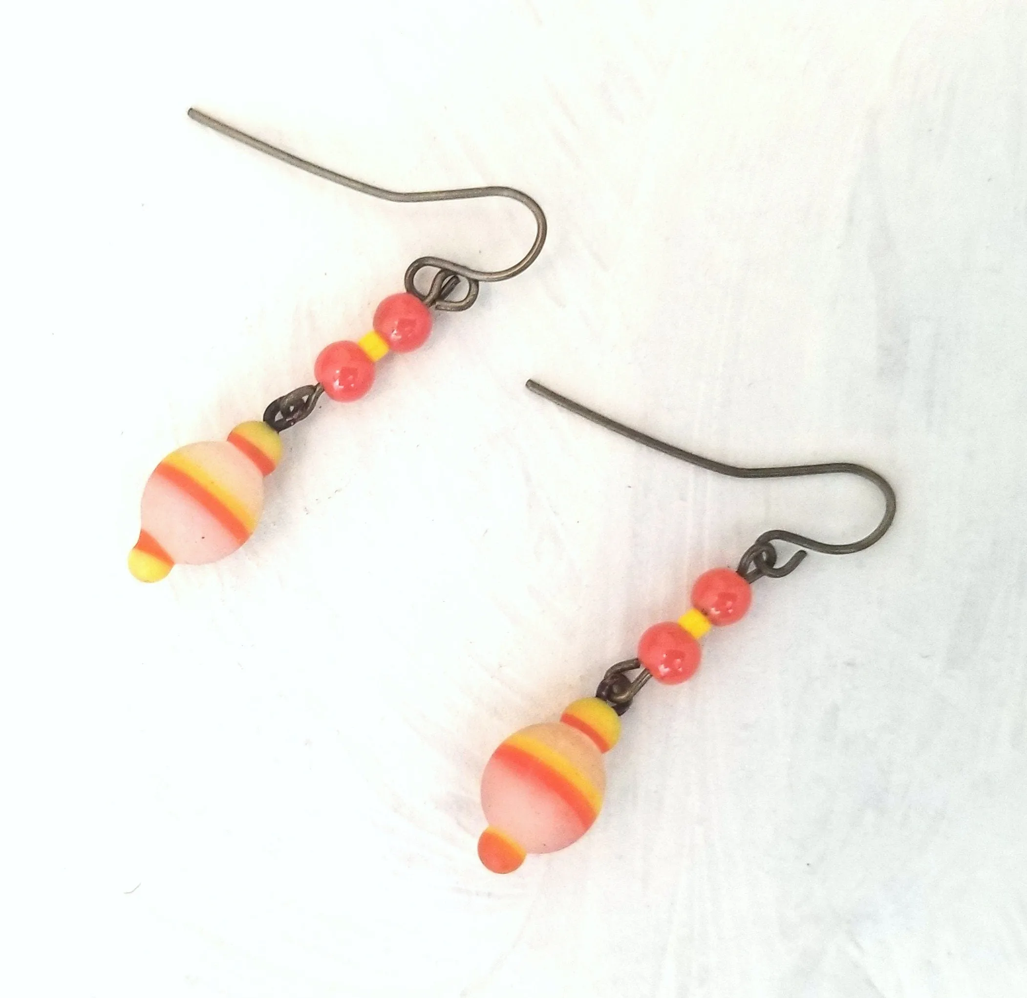 Upcycled Earrings with Vintage Lampwork Glass Beads Boho Style OOAK Handmade Orange & Yellow