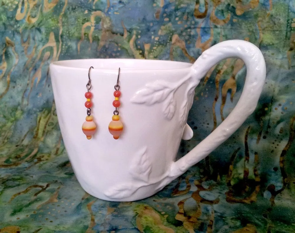 Upcycled Earrings with Vintage Lampwork Glass Beads Boho Style OOAK Handmade Orange & Yellow