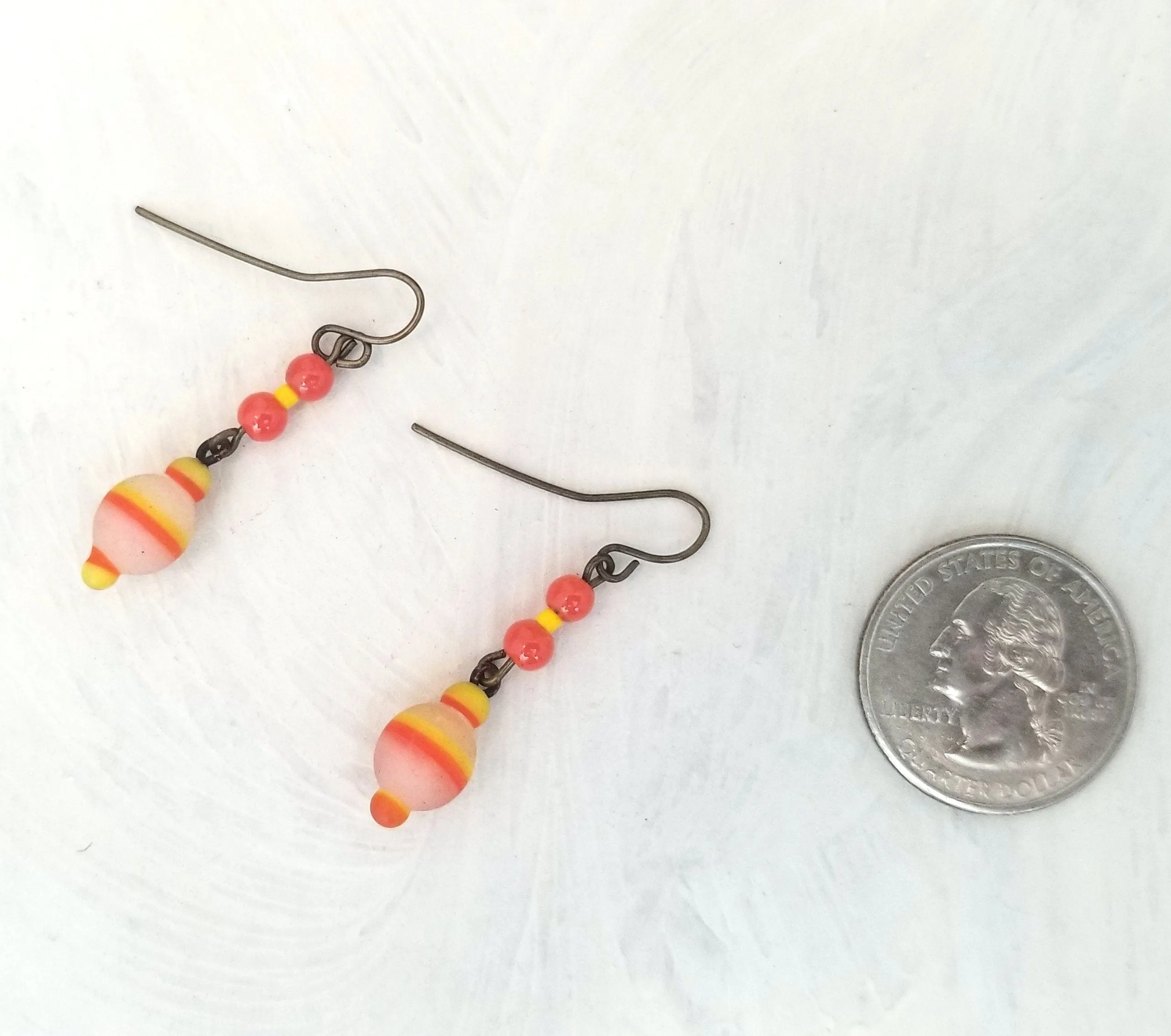 Upcycled Earrings with Vintage Lampwork Glass Beads Boho Style OOAK Handmade Orange & Yellow